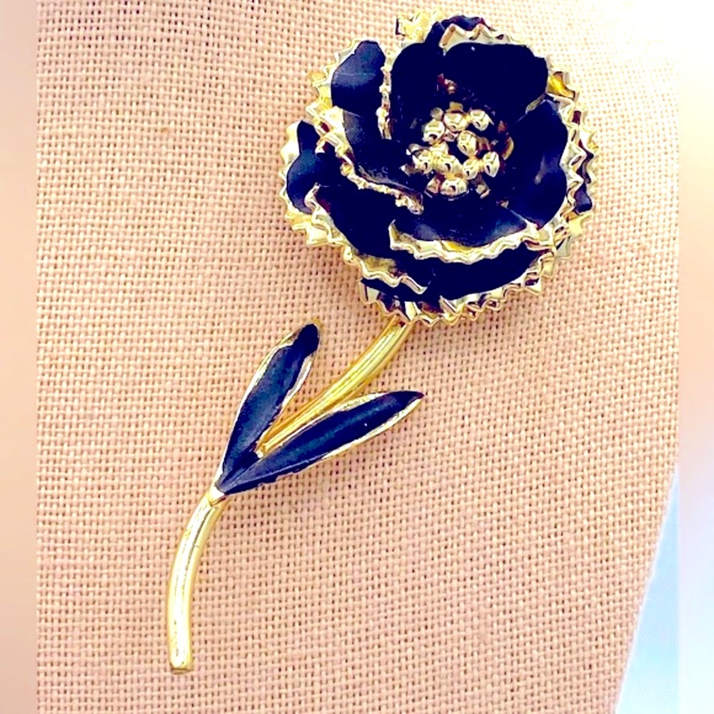 Black Enamel And Gold Tone Single Flower Brooch Petals Are Edged In Gold Tone
